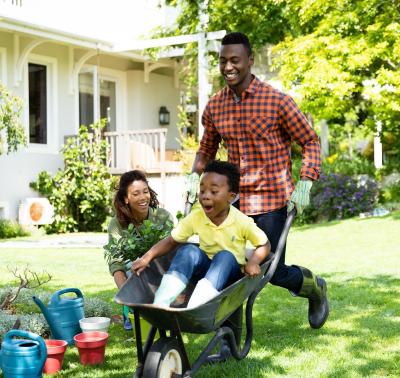 Adult pushing child in a wheel barrel