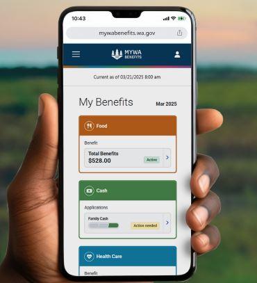 photo of a hand holding a phone with My WA benefits