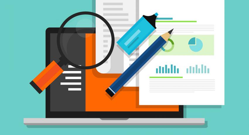 Case study infographic with magnifying glass, data sheets and laptop.