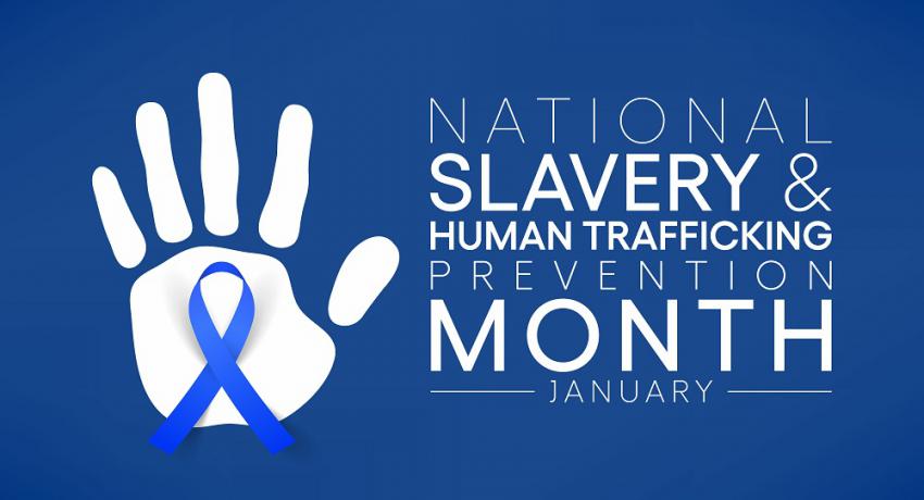 National Slavery & Human Trafficking Prevention Month image with a hand and blue ribbon.