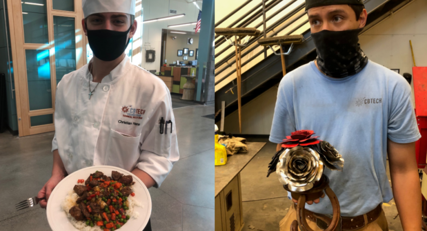 Students at CB Tech holding a plated meal they prepared and a welded bouquet of roses. 