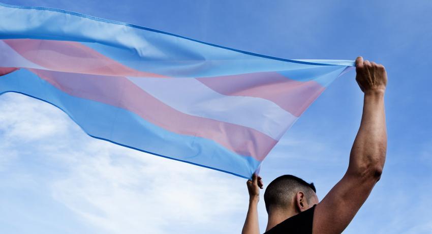 A young person carrying the transgender flag against a blue sky background. 