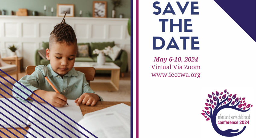 Young boy writing on paper with pencil. Right side of image says, "Save the Date."